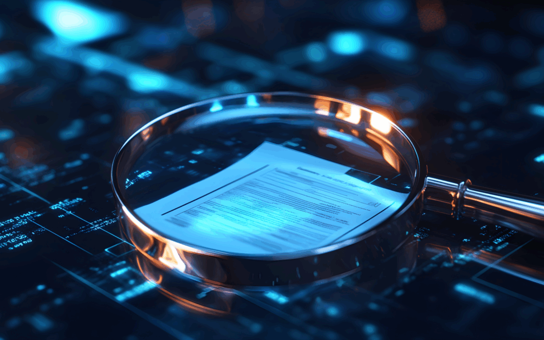 Physical document under a magnifying glass displayed on a cyber background