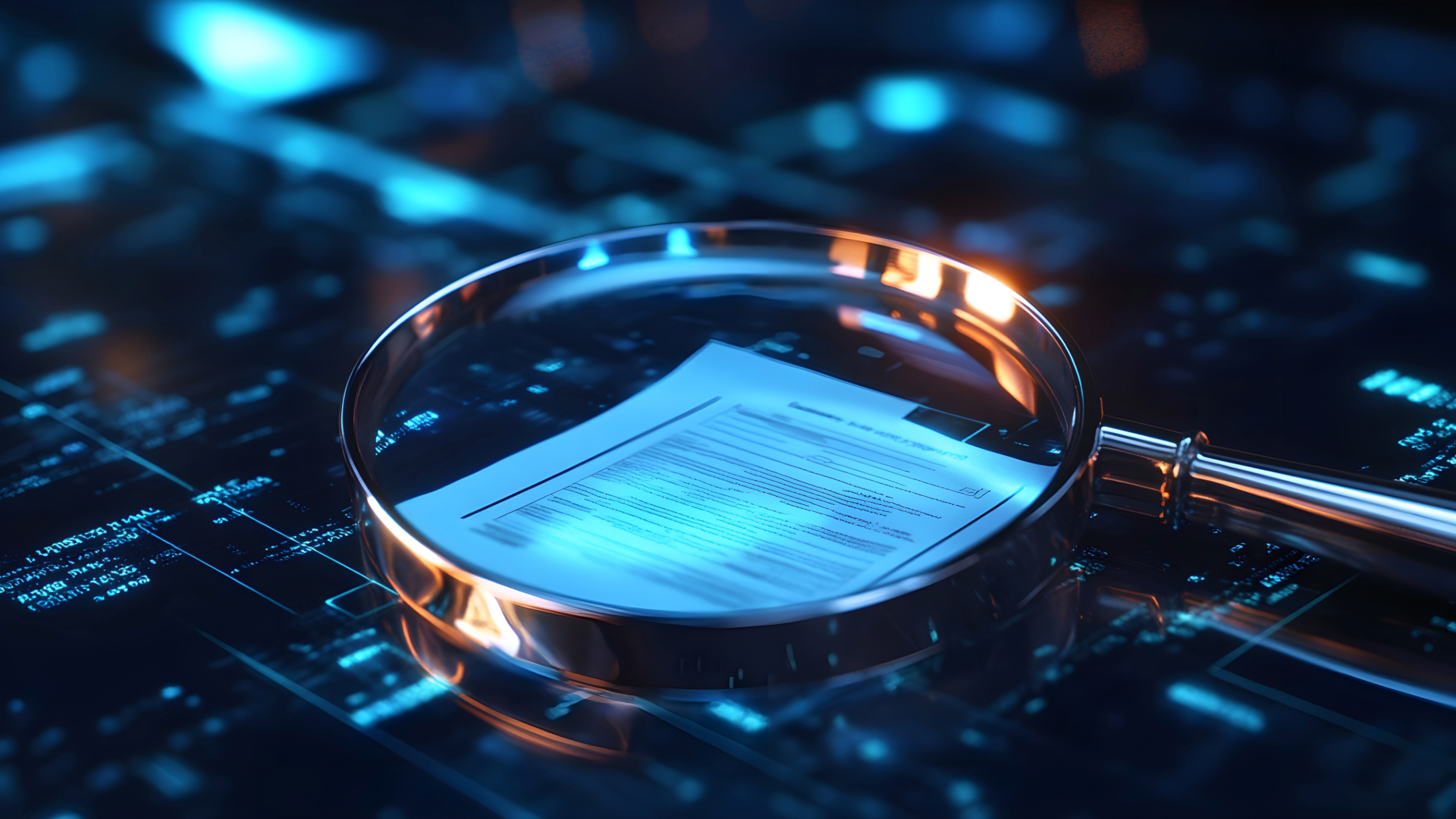 Physical document under a magnifying glass displayed on a cyber background